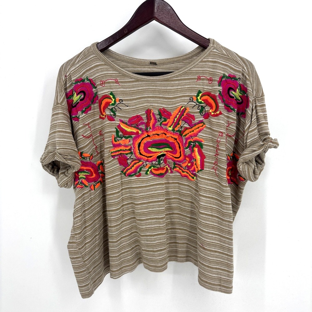 Free People Catalunya Striped Embroidered T-Shirt Size XS *READ
